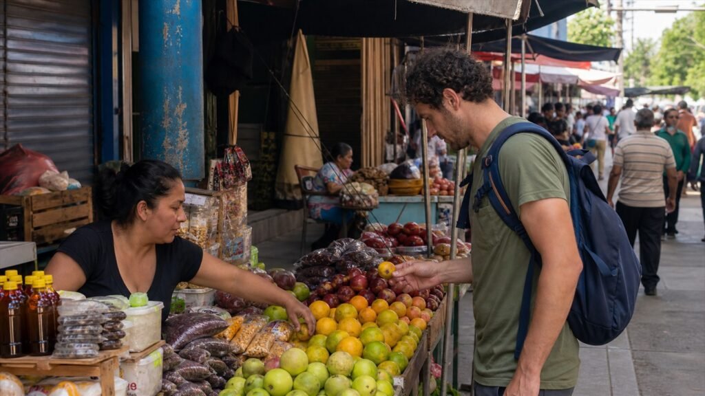 بائع متجول يتحدث مع زبون في شارع نشط بمركز سان سلفادور